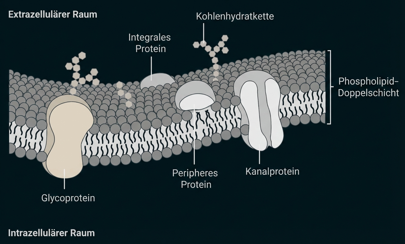 Schematische Zellmembran mit Phospholipid-Doppelschicht, verschiedenen Membranproteinen und Zuckerketten